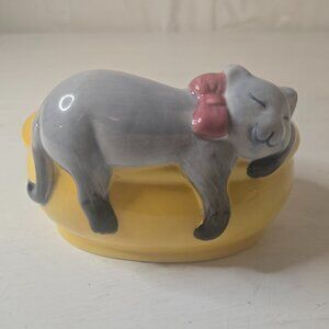 Vintage Ceramic Sleeping Gray Cat Yellow Planter or Sponge Holder